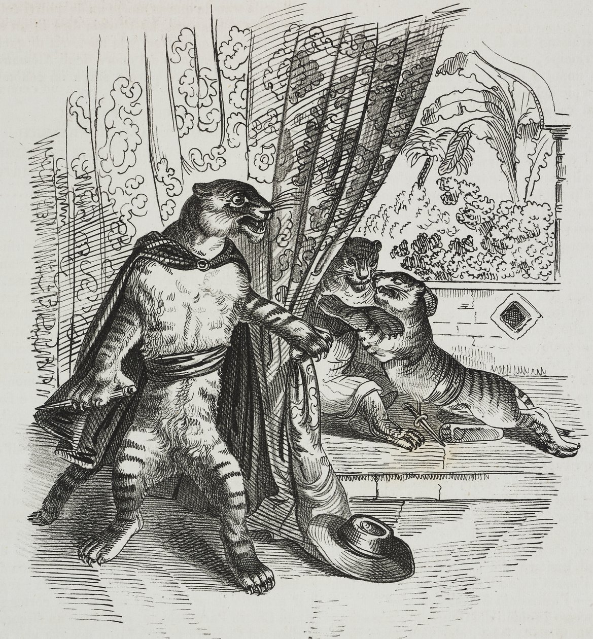 Tijger met dolk, karikatuur door Jean-Jacques Grandville, lithografie door Gaetano Riccio uit Poliorama Pittoresco, nr. 39, 7 mei door Grandville