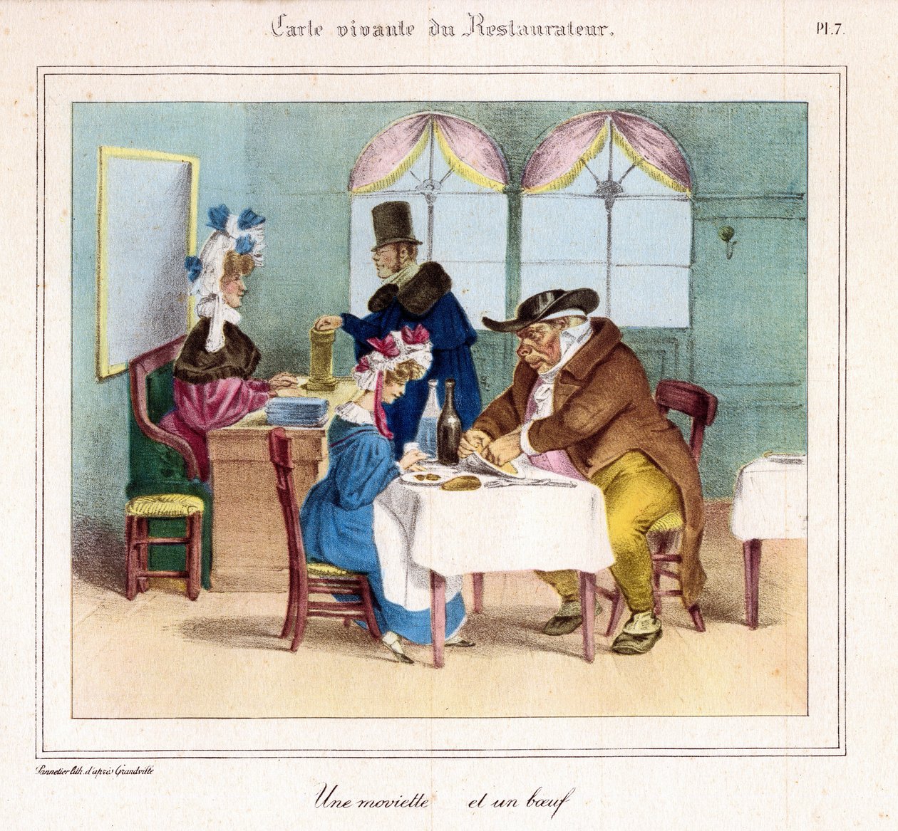De Restaurant Levend Kaart: Een watje en een rund. 1831-32 (lithografie) door Grandville