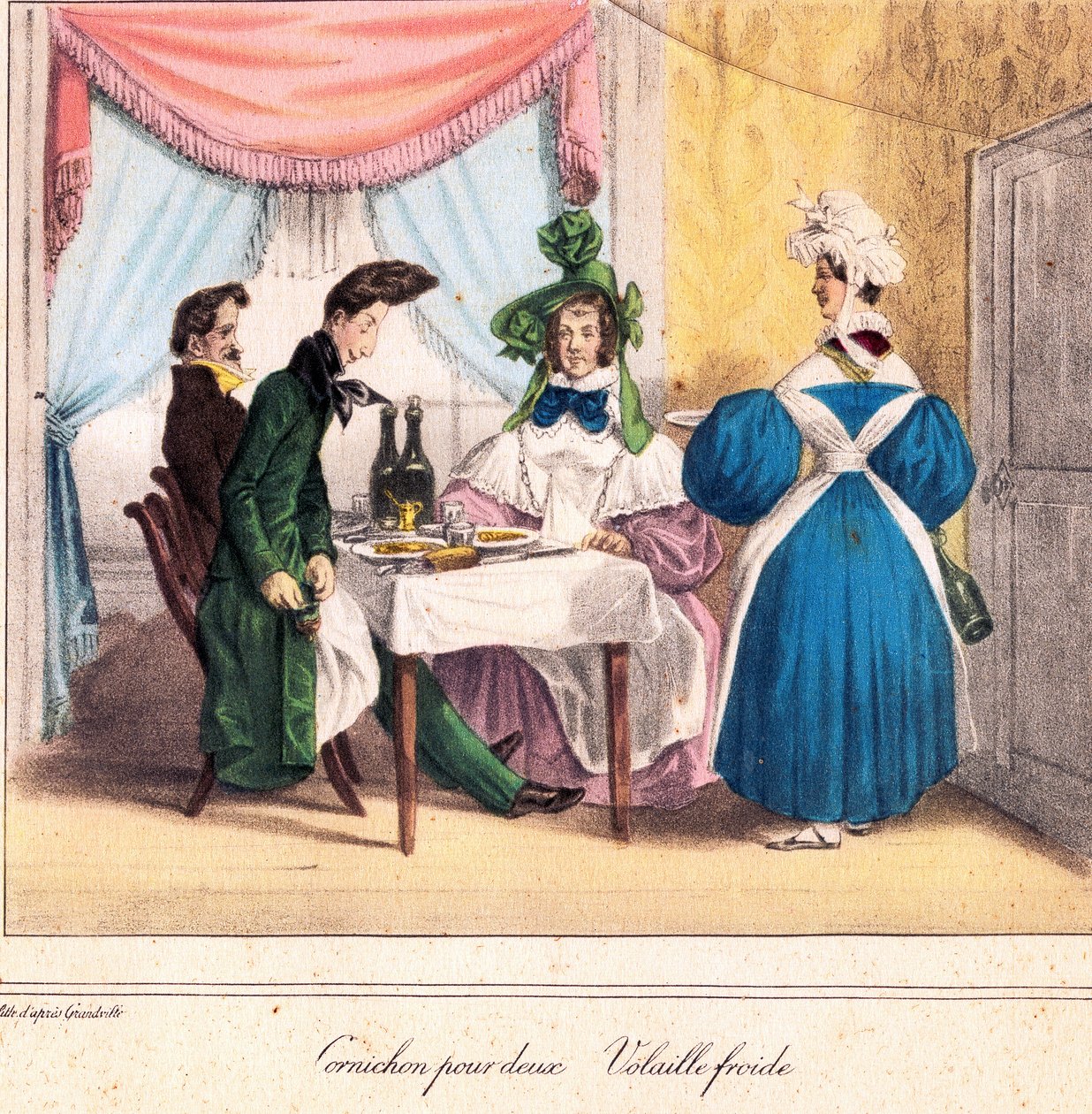 De levende kaart van de restaurateur: Augurk voor twee, koude kip 1831-32 (lithografie) door Grandville