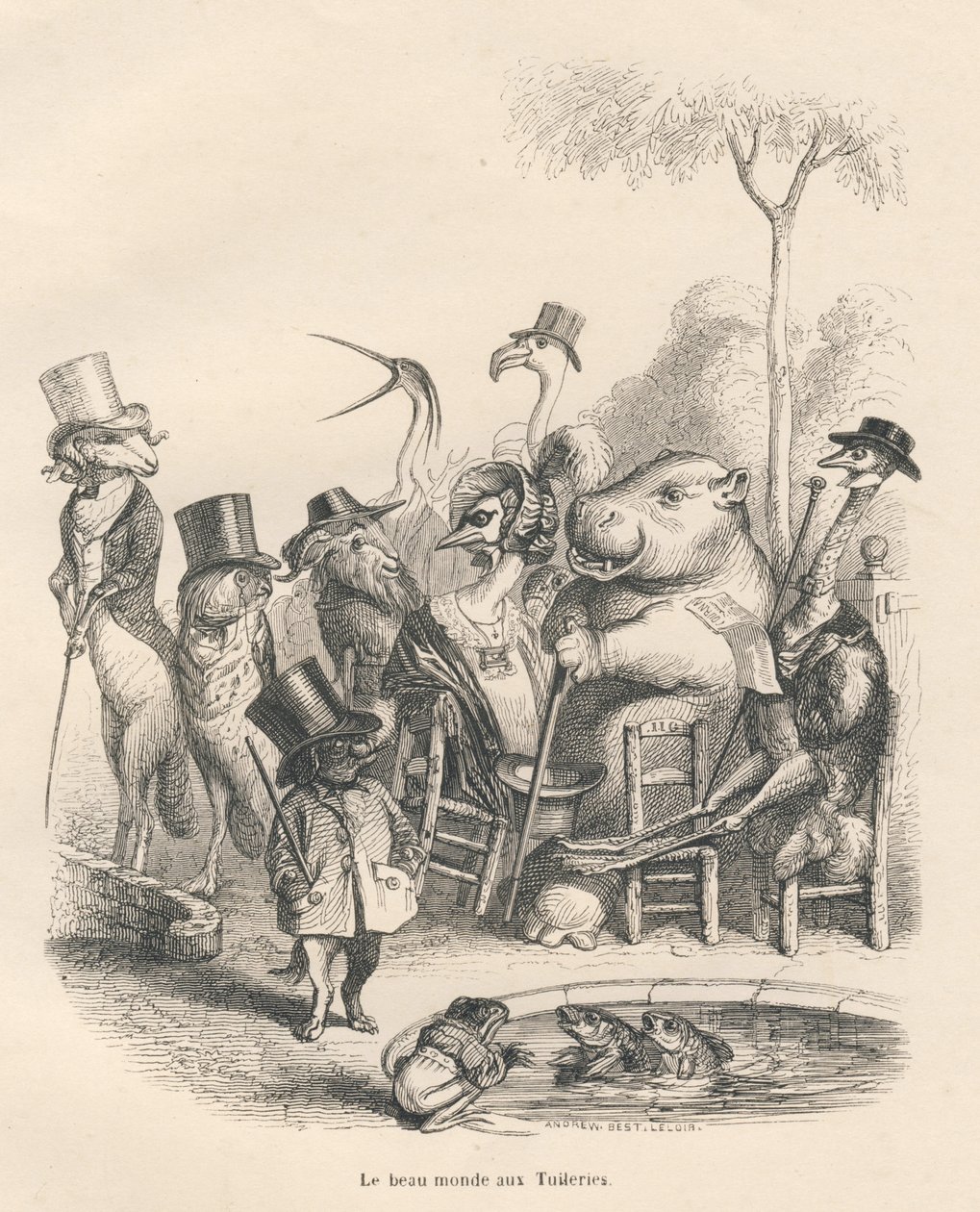 Dieren in elegante kleding wandelen in de Tuilerieën. Vignetten geïllustreerd door JJ Granville. Gravure gesigneerd door Andrew, Best en Leloir in het deel 