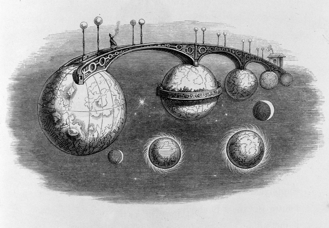 Brug die verschillende planeten met elkaar verbindt - gravure door Grandville door Grandville
