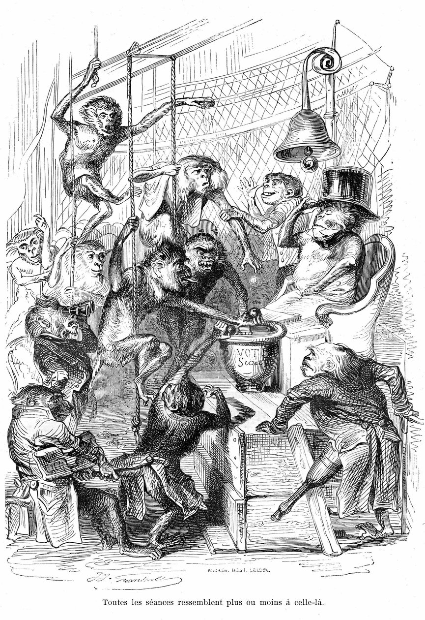 Cartoon: La Chambre des Députés gezien als een Paleis van de Monpes - Gravure door Grandville, uit het boek Privé en Openbaar Leven van Dieren (Les animaux geschilderd door hen zelf), Hetzel editie 1867 p. 566 - Hoofdstuk getiteld Tabletten van de Gira door Grandville (1803 47)