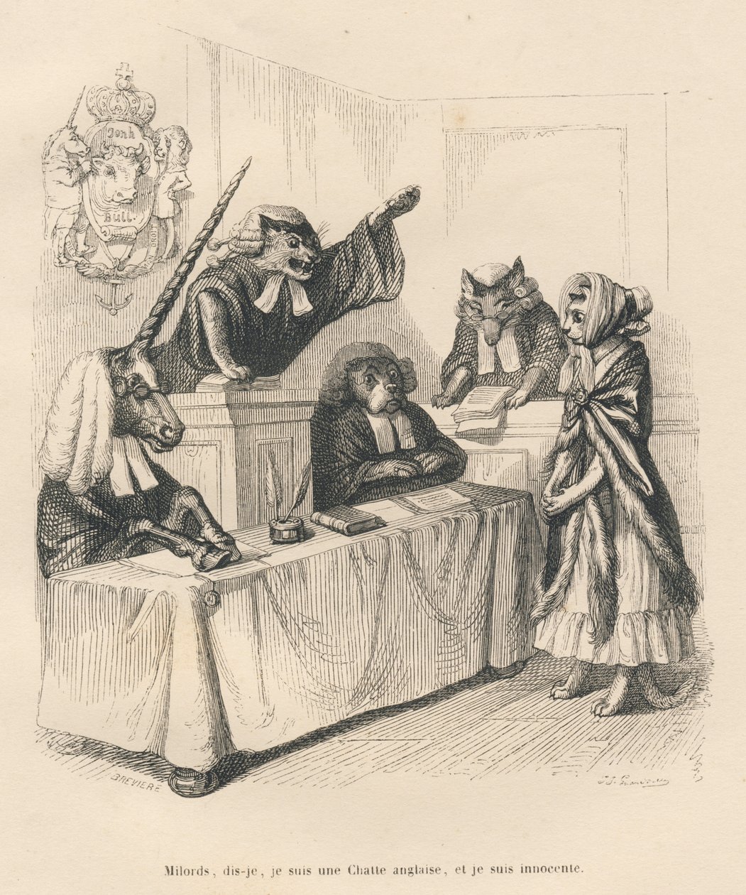 Poes die zich verdedigt in een rechtbank bestaande uit een eenhoorn, een kat, een hond en een wolf. Geïllustreerde vignetten door JJ Granville. Gravure gesigneerd door Breviere in het deel getiteld "Strafrechtelijke zaken van een Engelse poes" geschreven d door Grandville