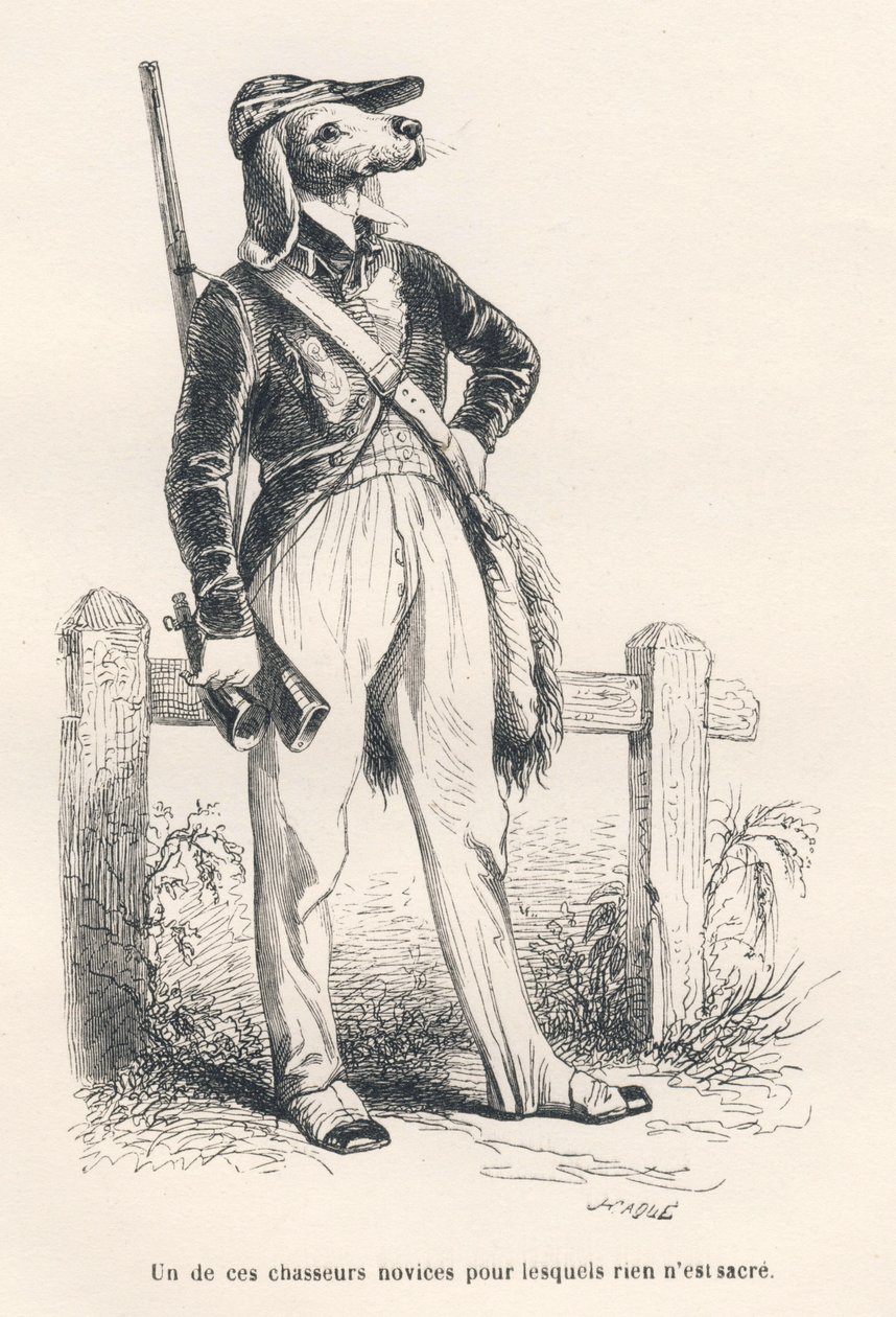 Hond in jachtkleding. Vignetten geïllustreerd door JJ Granville. Gravure gesigneerd Caque in het deel getiteld "Herinneringen van een oude kraai" geschreven door PJ Stahl in "Scènes uit het privé- en openbare leven van dieren". Parijs, J. Hetzel en Paulin door Grandville