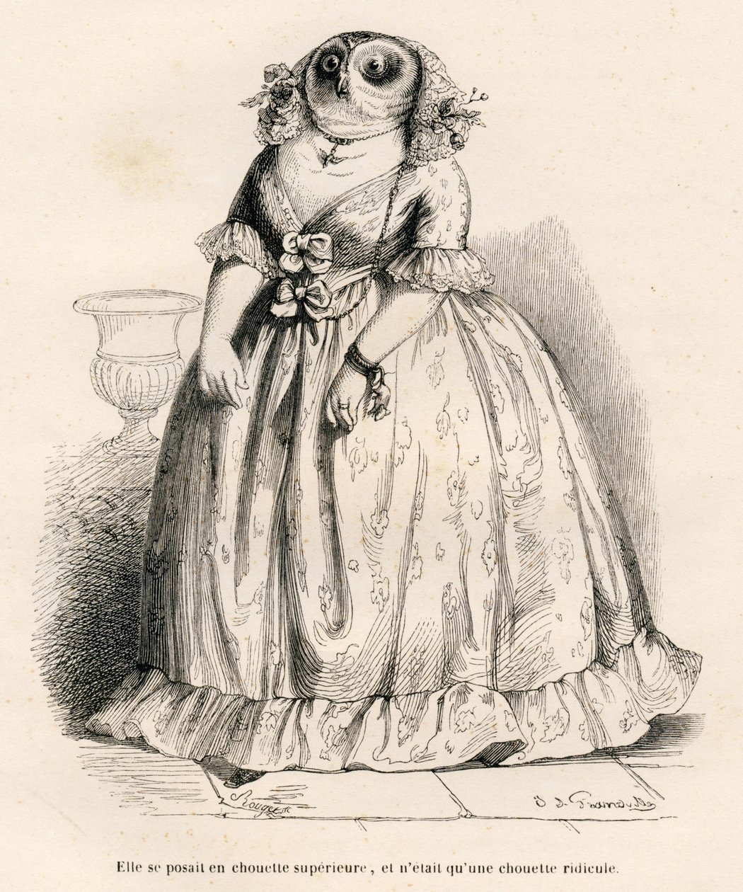 Uil die zichzelf superieur acht maar slechts belachelijk is. Vignetten geïllustreerd door JJ Granville. Gravure gesigneerd Rouget in het deel 