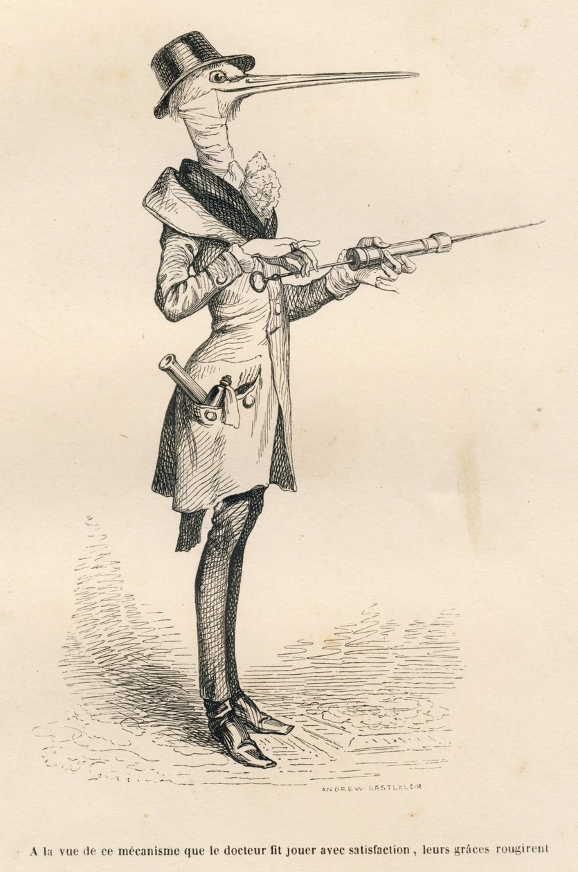 Ooievaar als arts die een klysma toedient door Grandville