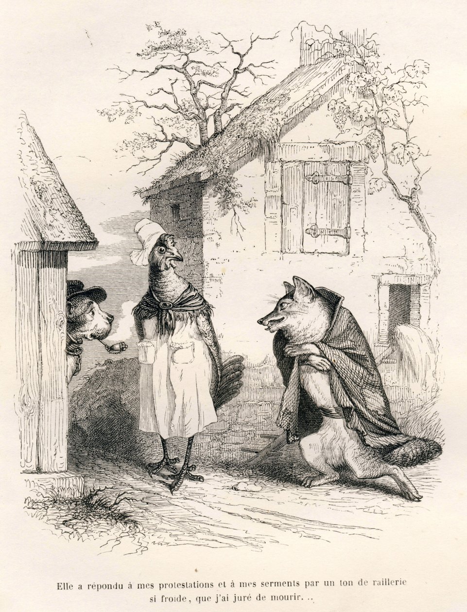 Gesprek tussen een hond, een kip en een vos. Vignetten geïllustreerd door JJ Granville. Gravure gesigneerd Godard in het deel 