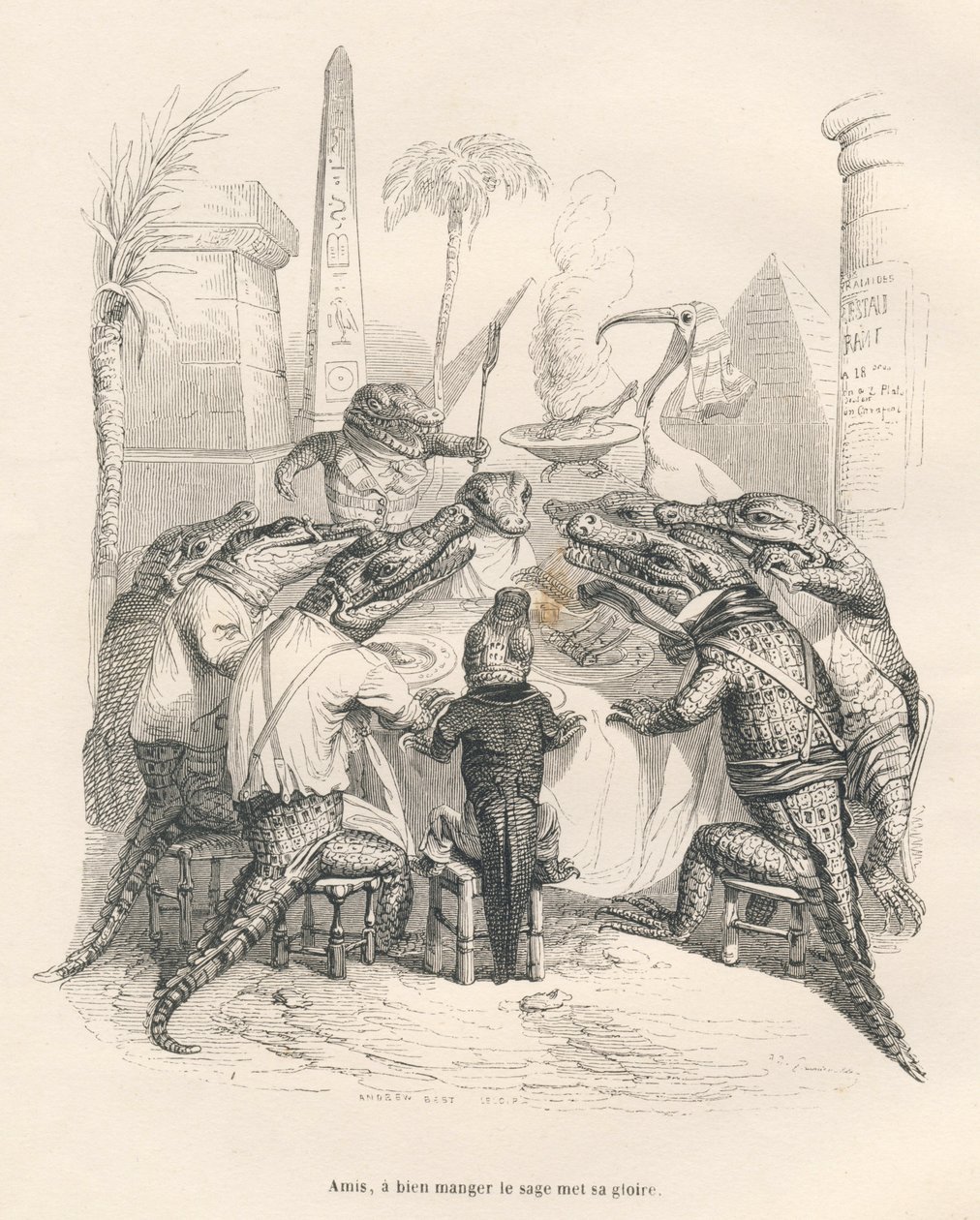 Krokodillen rond een tafel in Egypte door Grandville