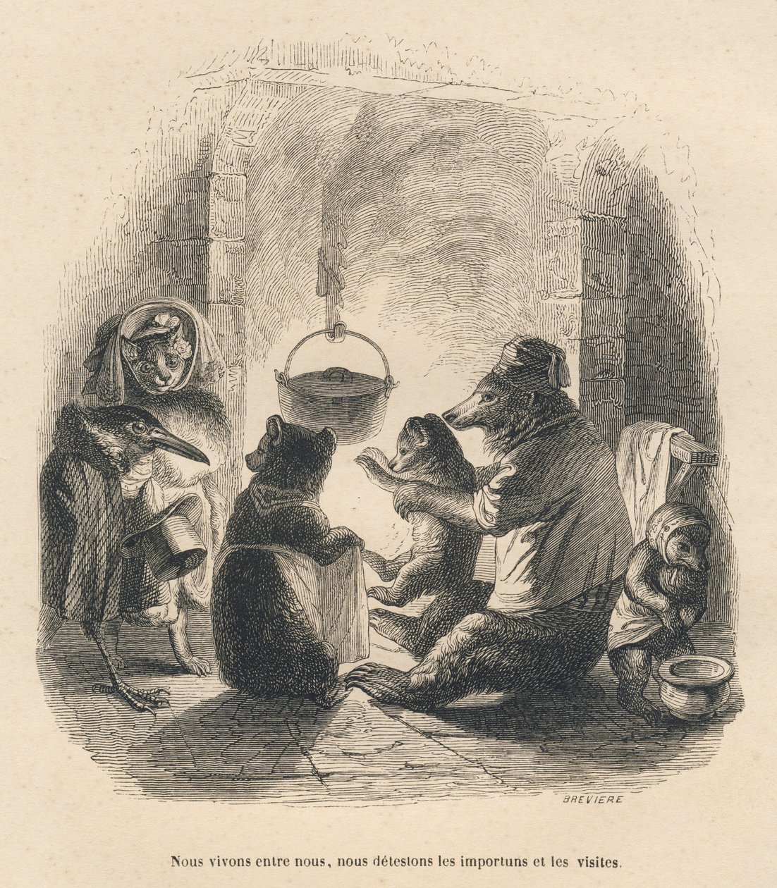 Twee bezoekers komen de berenfamilie lastigvallen die voor de open haard zit waarin een ketel aan een haak hangt. Vignetten geïllustreerd door JJ Granville. Gravure gesigneerd Breviere in het deel "De beer of Brief door Grandville