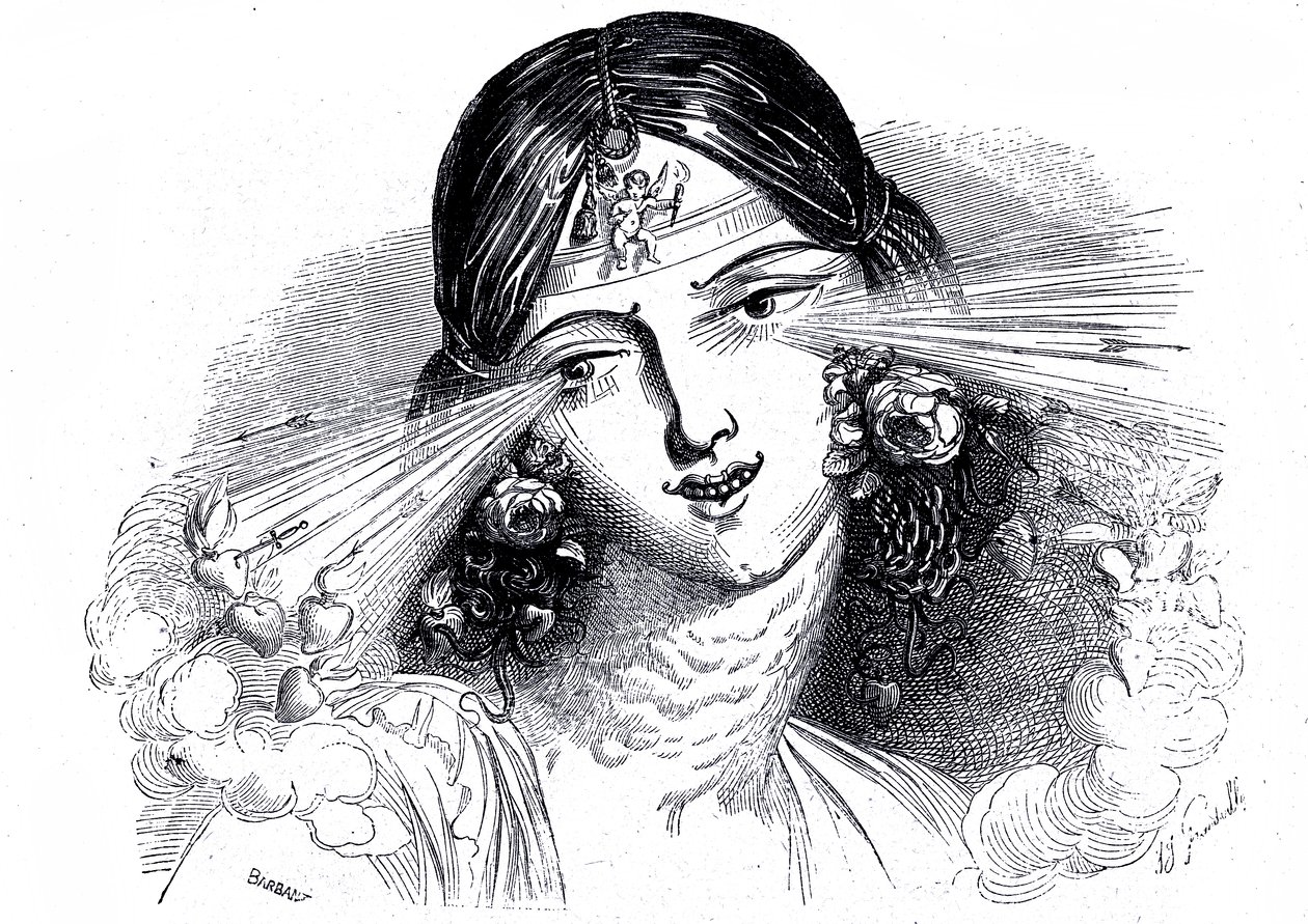 Gezicht van een vrouw met doordringende ogen door Grandville (1803 47)