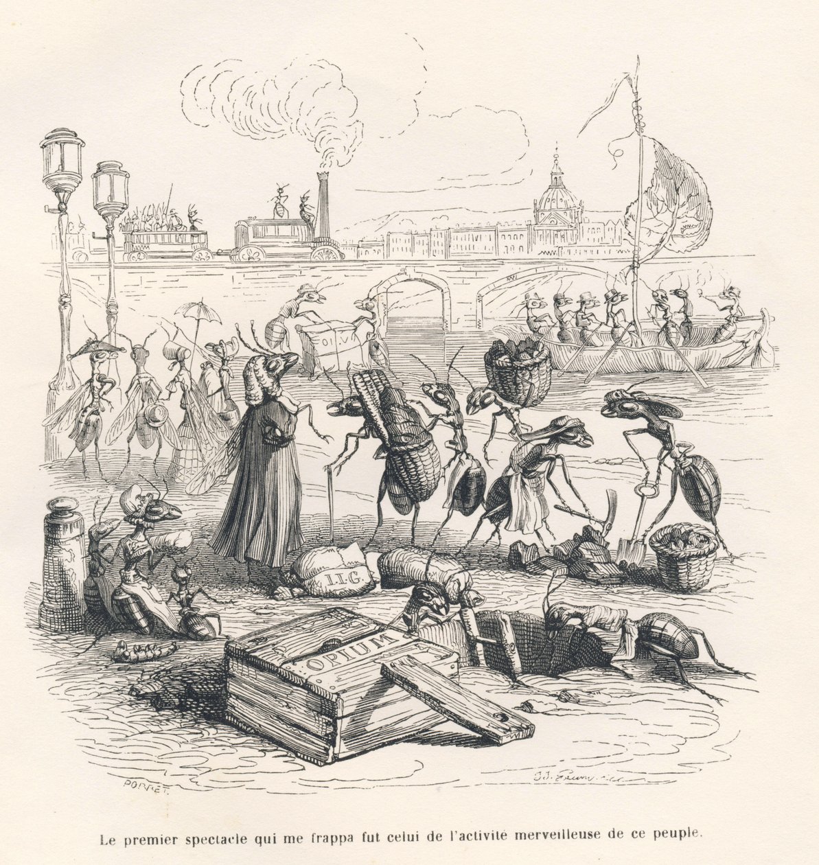 Mieren druk bezig aan de oevers van de Seine. Geïllustreerde vignetten door JJ Granville. Gravure gesigneerd door Porret in het deel getiteld "Reis van een mus uit Parijs" geschreven door George Sand in "Scènes uit het privé- en openbare leven van dieren". door Grandville