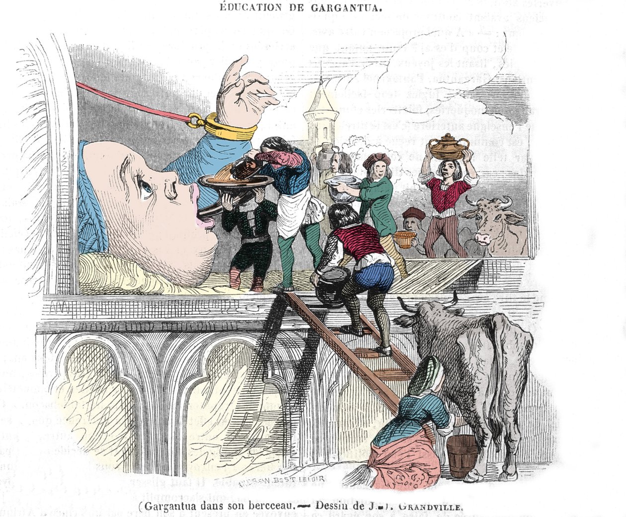 Gargantua personage uit de romans van Francois Rabelais (1483-1553), Franse schrijver: "De opvoeding van Gargantua" Gargantua in zijn wieg. Illustratie door Gerard Grandville (1803-1847) 19e eeuw door Grandville