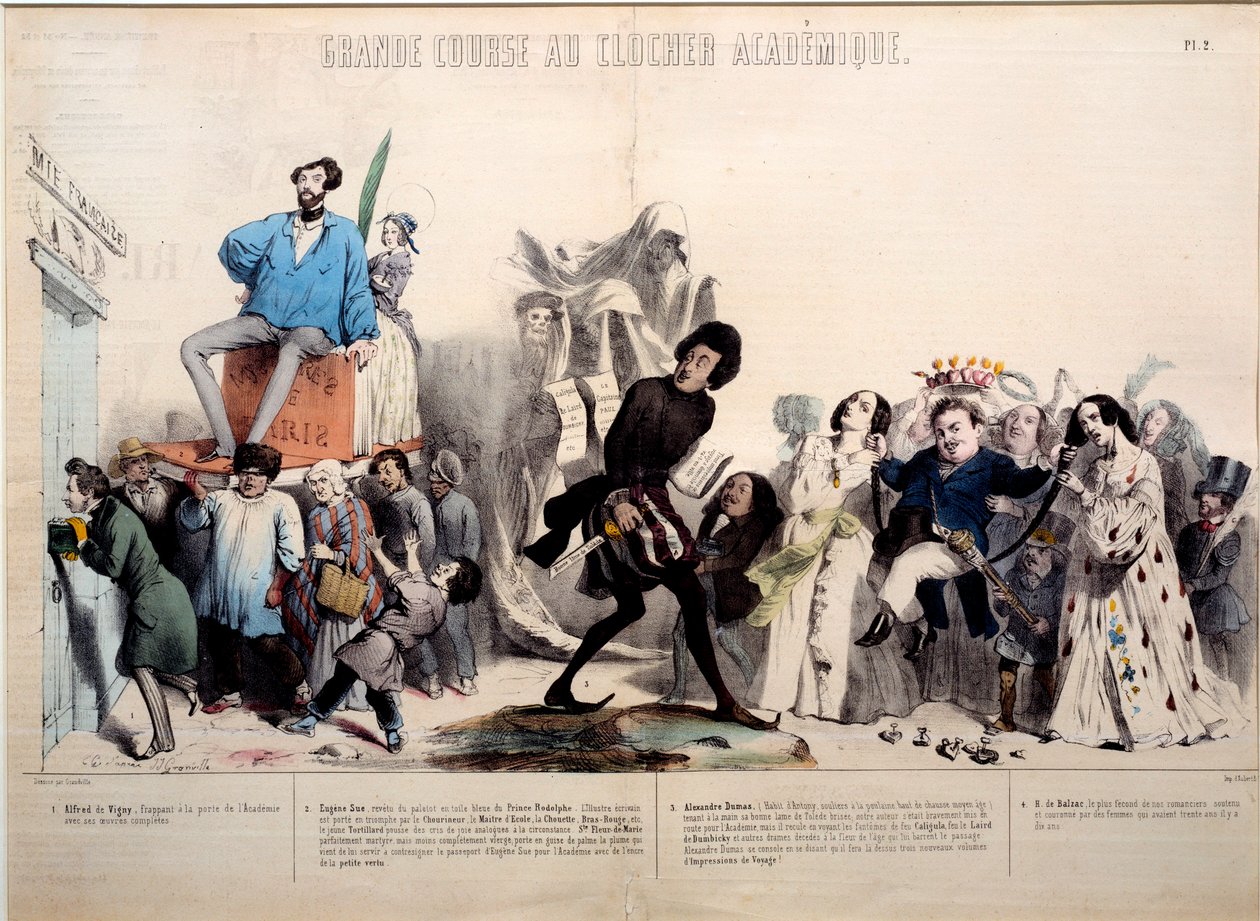 Grote race naar de academische klokkentoren. De schrijvers Alfred de Vigny, Eugene Sue, Alexandre Dumas en Honore de Balzac zijn herkenbaar. Gravure door Gerard Grandville door Grandville