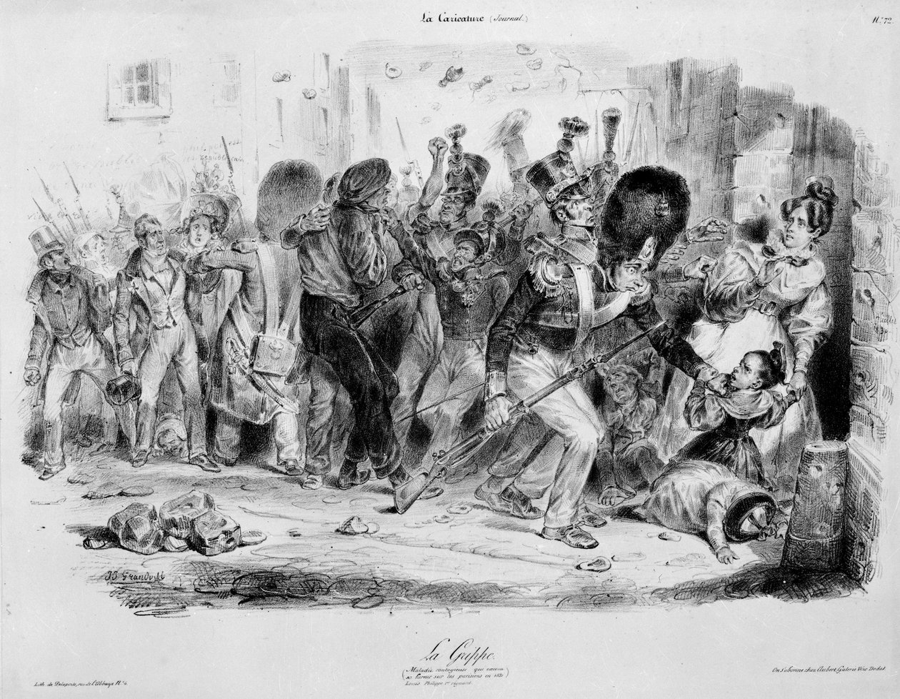 De Griep: besmettelijke ziekte die haar woede uitoefent op Parijzenaars in 1831 - gravure door Grandville in 