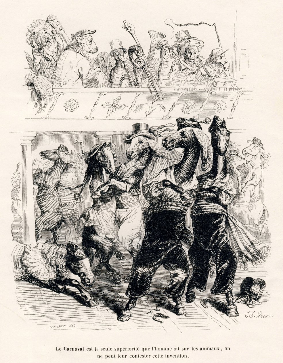 Het carnaval van de paarden. Vignetten geïllustreerd door JJ Granville. Gravure gesigneerd Tamisier in het deel "Reis van een leeuw uit Afrika naar Parijs" geschreven door Honoré de Balzac in "Scènes uit het privé- en openbare leven van dieren". Parijs, J. door Grandville