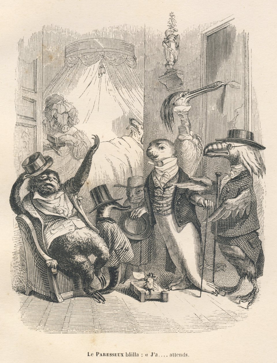 De luiaard geeuwde terwijl hij wachtte. Geïllustreerde vignetten door JJ Granville. Gravure gesigneerd Godard in het deel "De dierenartsen" geschreven door Pierre Bernard in "Scènes uit het privé- en openbare leven van dieren". Parijs, J. Hetzel en Paulin door Grandville