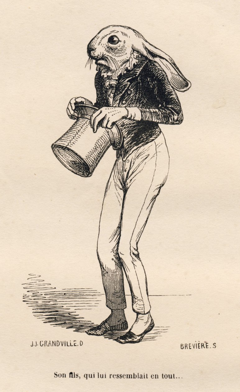 Bange haas in dandy kostuum. Geïllustreerde vignetten door JJ Granville. Gravure gesigneerd Breviere in het deel "Verhaal van een haas" geschreven door PJ Stahl in "Scènes uit het privé- en openbare leven van dieren". Parijs, J. Hetzel en Paulin door Grandville