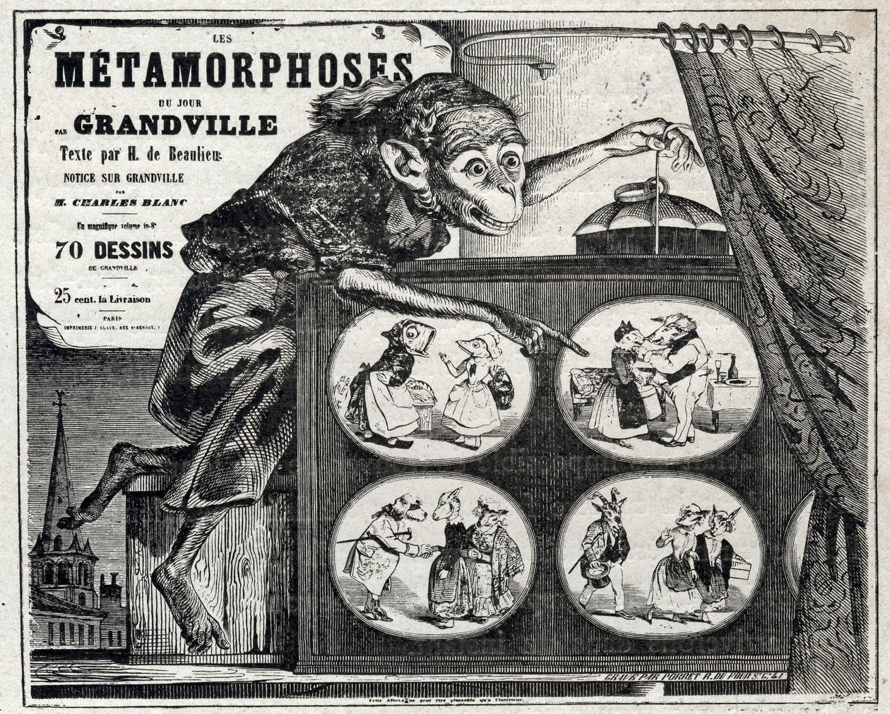 Literatuur. De dagelijkse metamorfose, door de karikaturist Jean Jacques Grandville. Poster, Frankrijk door Grandville