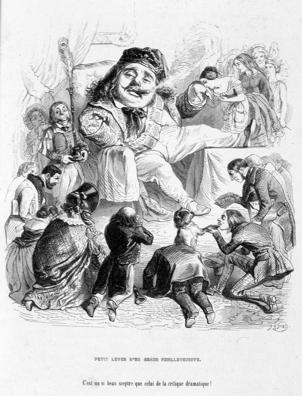Spot met de macht van een dramatische criticus. Cartoon in "Jérôme Paturot op zoek naar een sociale positie" door Louis Reybaud door Grandville
