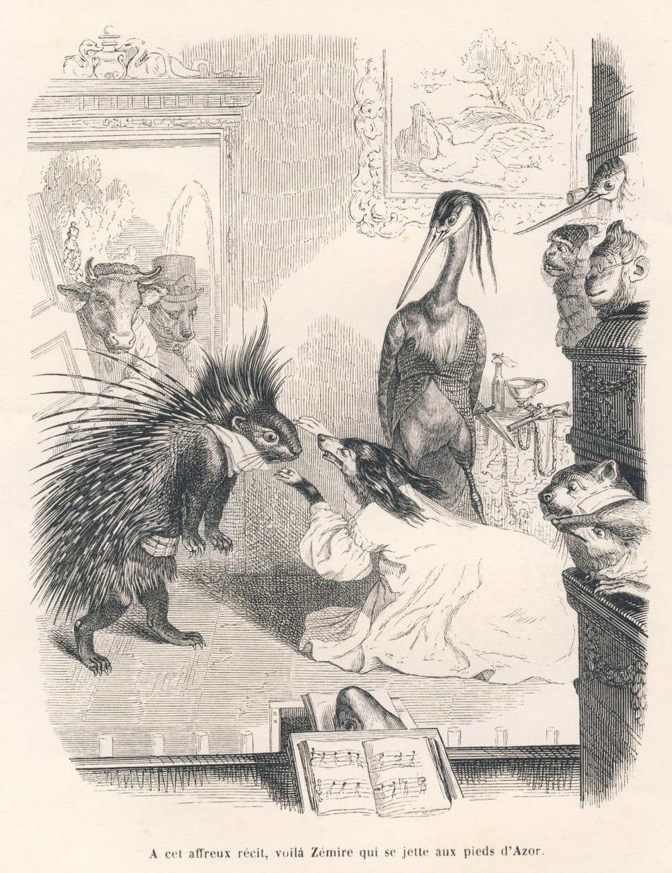 Opera met op het podium een stekelvarken, een hond en een reiger. Geïllustreerde vignetten door JJ Granville. Gravure gesigneerd Godard in het deel "De eerste feuilleton van Pistolet" geschreven door Jules Janin in "Scènes uit het privé- en openbare leven  door Grandville