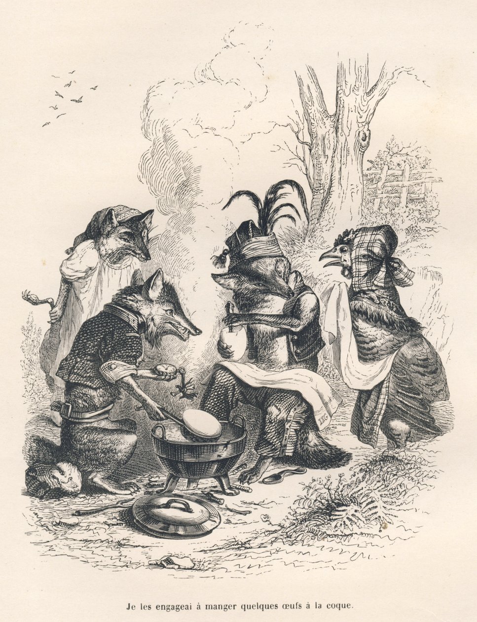 Vossen die eieren eten voor een huilende kip. Vignetten geïllustreerd door JJ Granville. Gravure gesigneerd Godard in het deel 