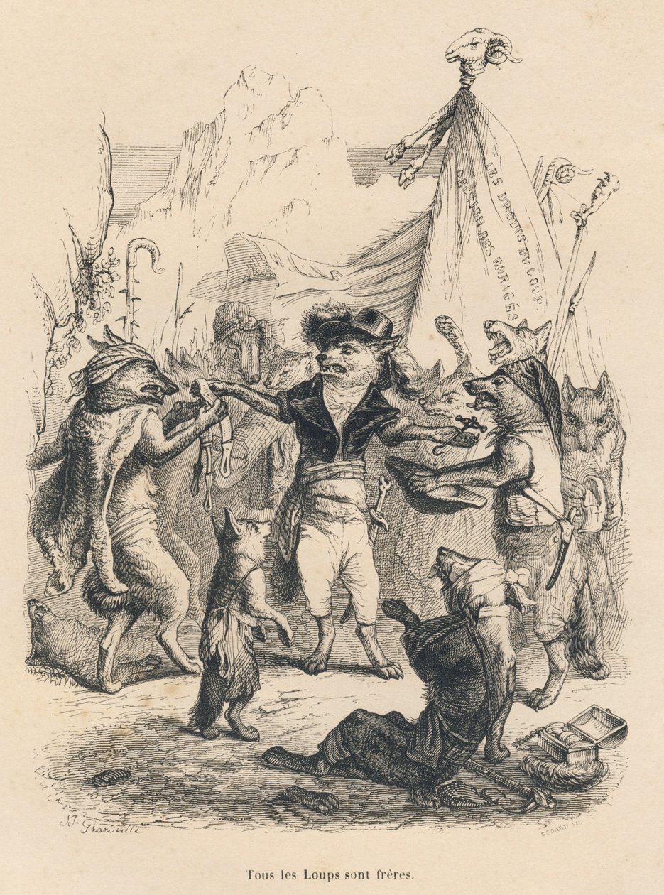 Revolutie van de wolven en vrijheid en recht van de wolf. Vignetten geïllustreerd door JJ Granville. Gravure gesigneerd Godard in het deel 