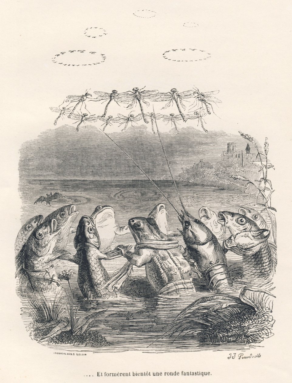Ronde van waterdieren en libellen. Vignetten geïllustreerd door JJ Granville. Gravure gesigneerd Andrew, Best en Leloir in het deel getiteld "Herinneringen van een oude kraai" geschreven door PJ Stahl in "Scènes uit het privé- en openbare leven van dieren" door Grandville