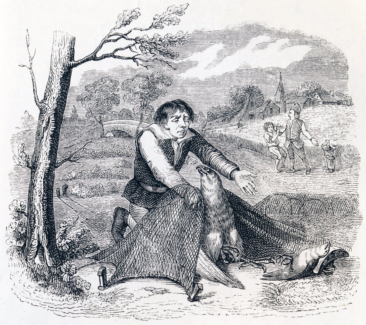 De vogelvanger, de havik en de leeuwerik - Fabels van La Fontaine door Grandville