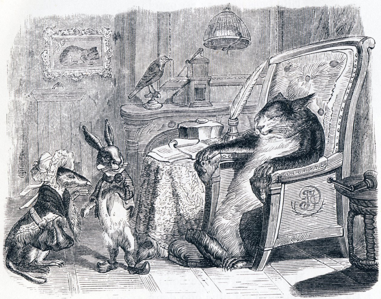 De kat, de wezel en het kleine konijn - Fabels van La Fontaine door Grandville