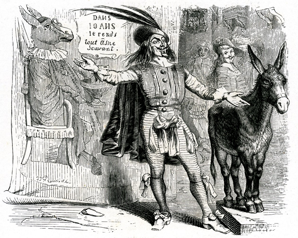 De charlatan: La Fontaine fabel geïllustreerd door Grandville. Editie Garnier 1860. Deze schipper maakt het moeilijk om elke ezel wetenschapper te maken. door Grandville (1803 47)