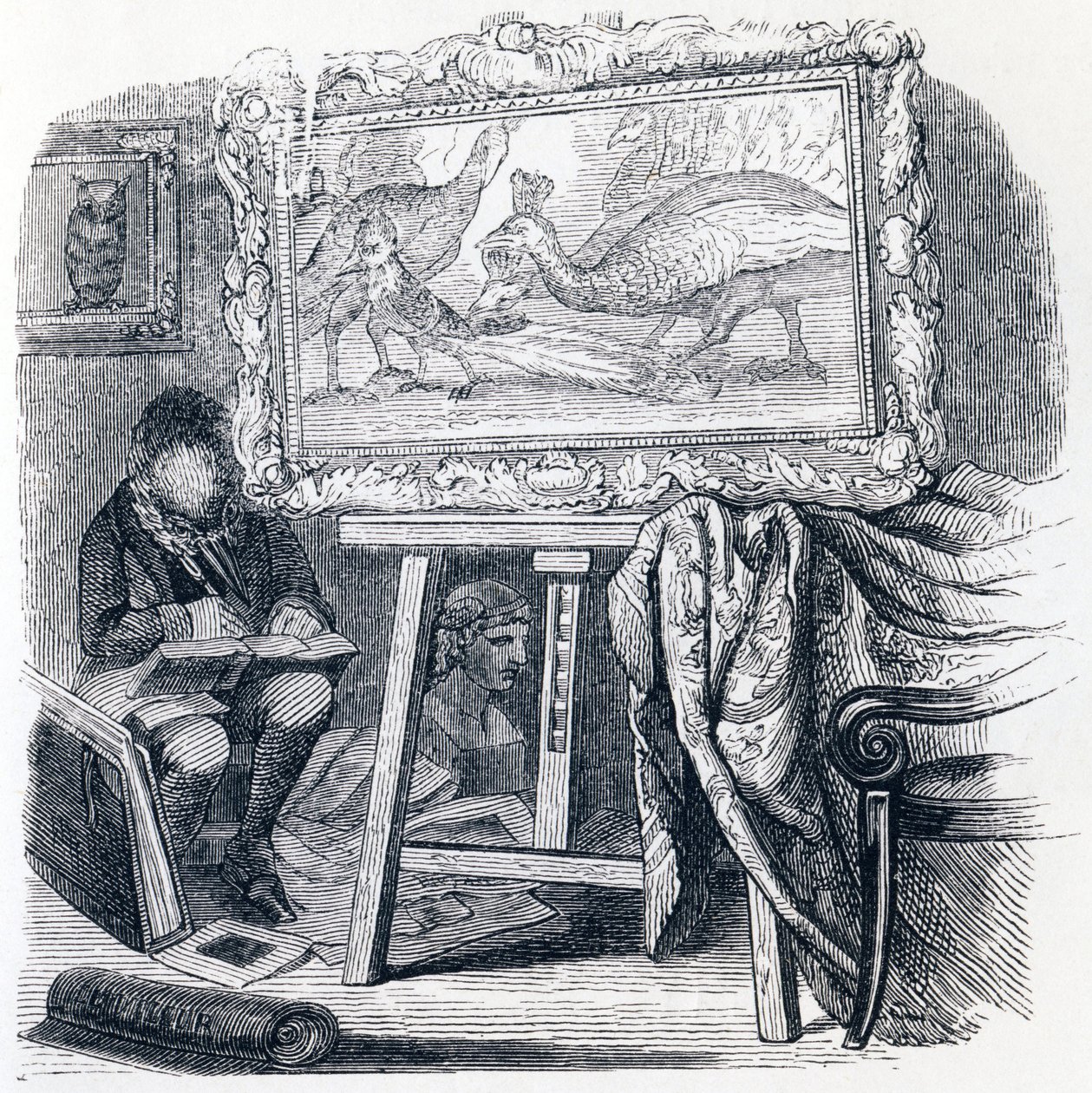 De gaai versiert zich met pauwenveren - Fabels van La Fontaine door Grandville