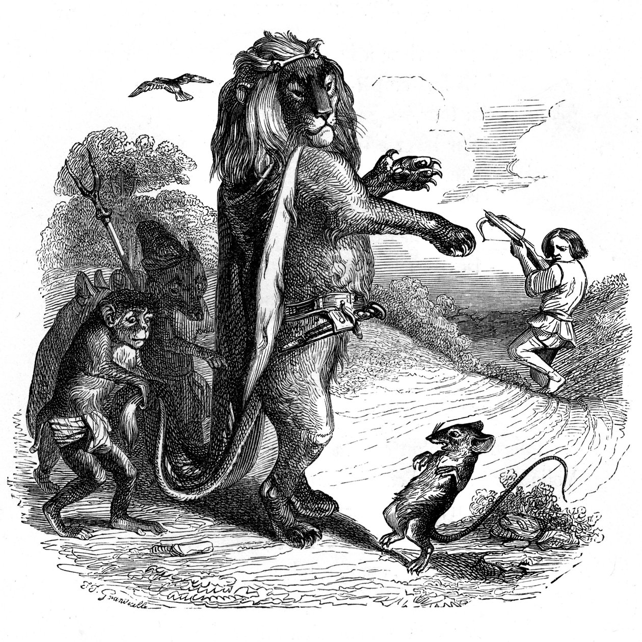 De leeuw en de rat: La Fontaine fabel geïllustreerd door Grandville door Grandville (1803 47)