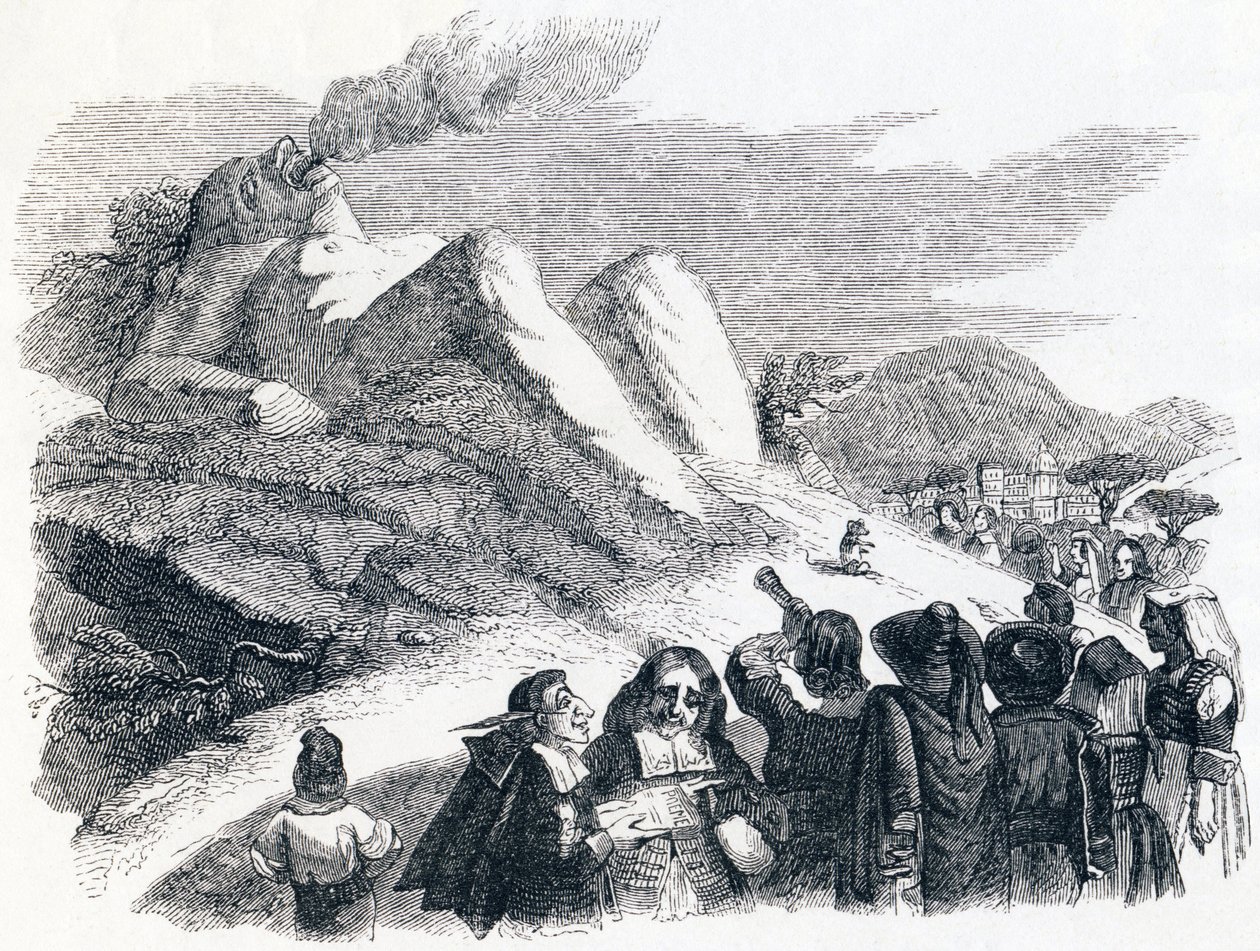 De berg die baart (La montagne qui accouche) - Fabels van La Fontaine door Grandville