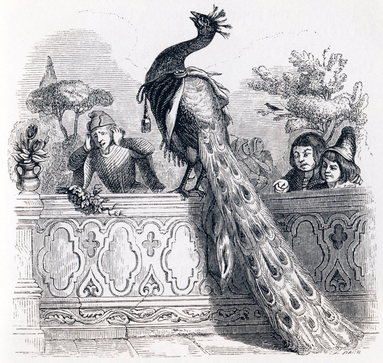 De pauw die klaagt bij Juno - Fabels van La Fontaine door Grandville