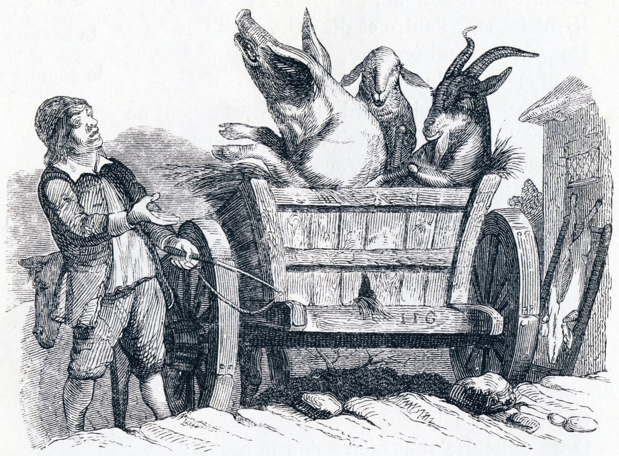 Het varken, de geit en het schaap (le cochon, la chèvre et le mouton) - Fabels van La Fontaine door Grandville