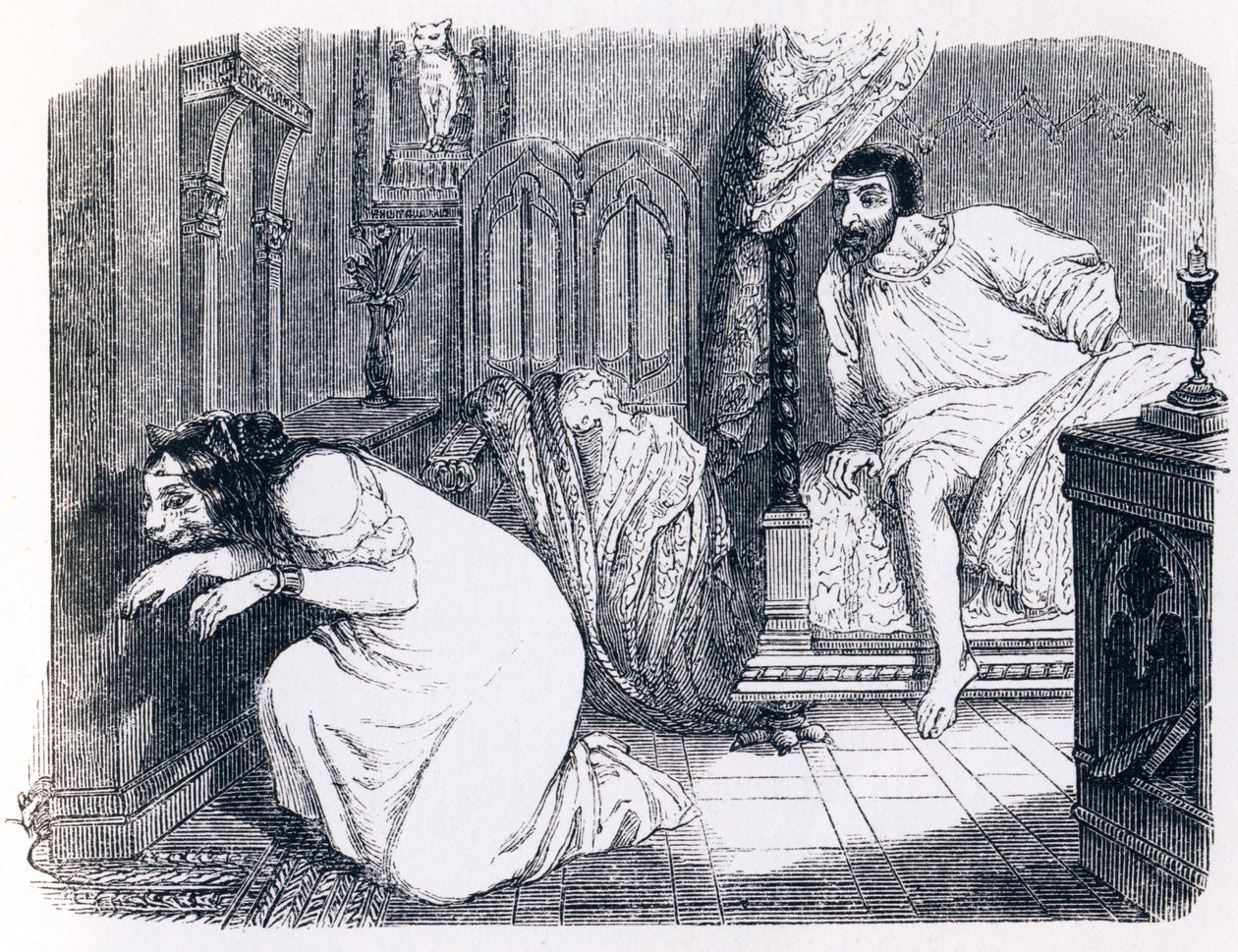 De poes veranderd in een vrouw - Fabels van La Fontaine door Grandville