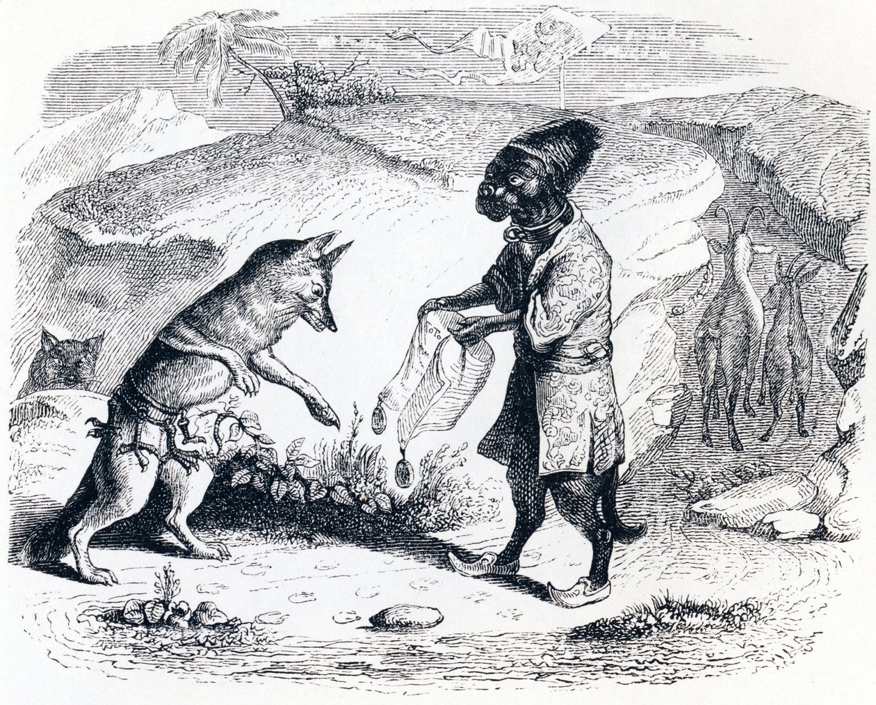 De zieke leeuw en de vos - Fabels van La Fontaine door Grandville