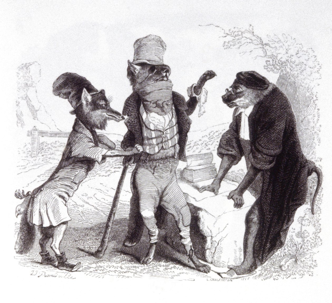 De wolf pleit tegen de vos voor de aap door Grandville (1803 47)