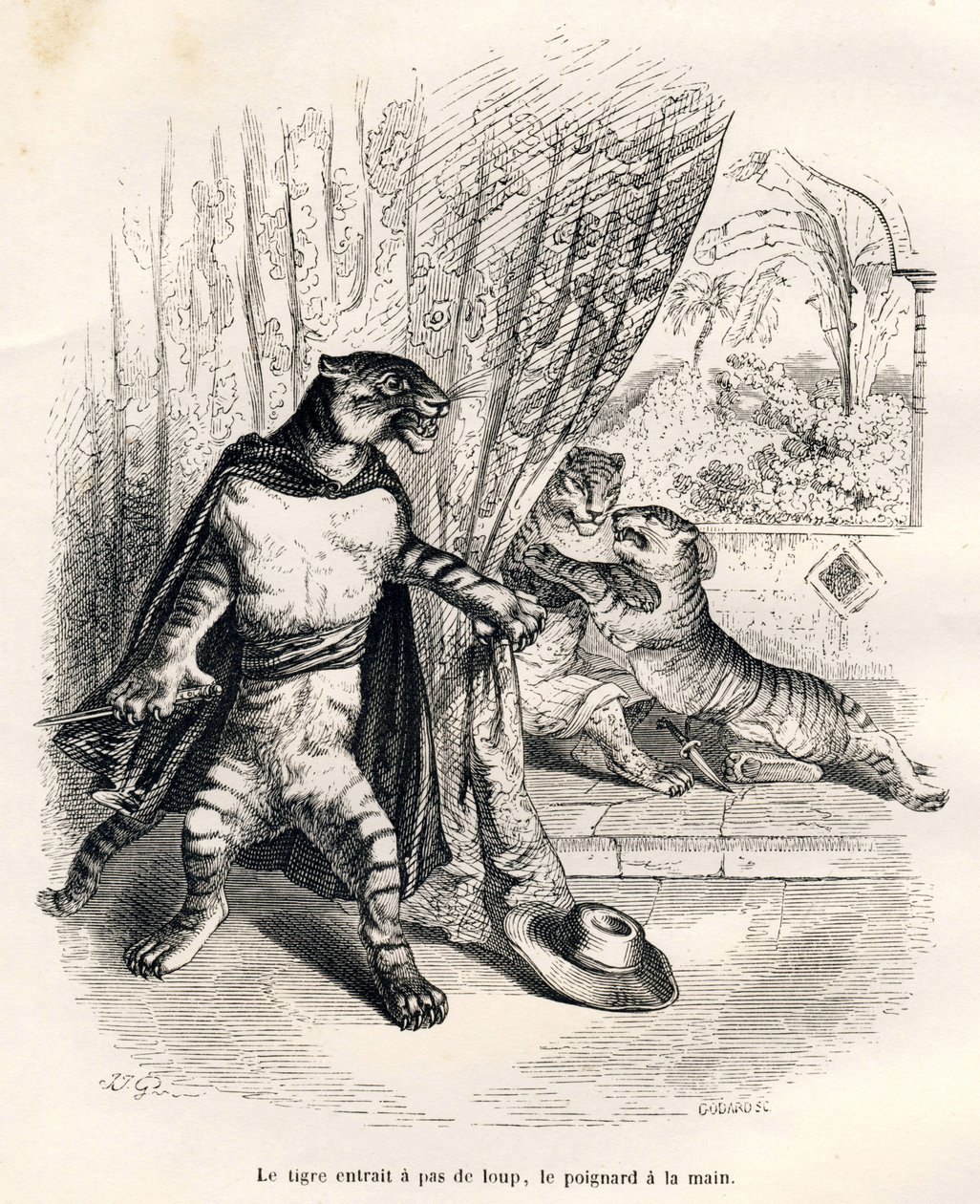 Tijger komt het toneel op met een dolk in de hand. Vignetten geïllustreerd door JJ Granville. Gravure gesigneerd Godard in het deel "De eerste feuilleton van Pistolet" geschreven door Jules Janin in "Scènes uit het privé- en openbare leven van dieren". Par door Grandville