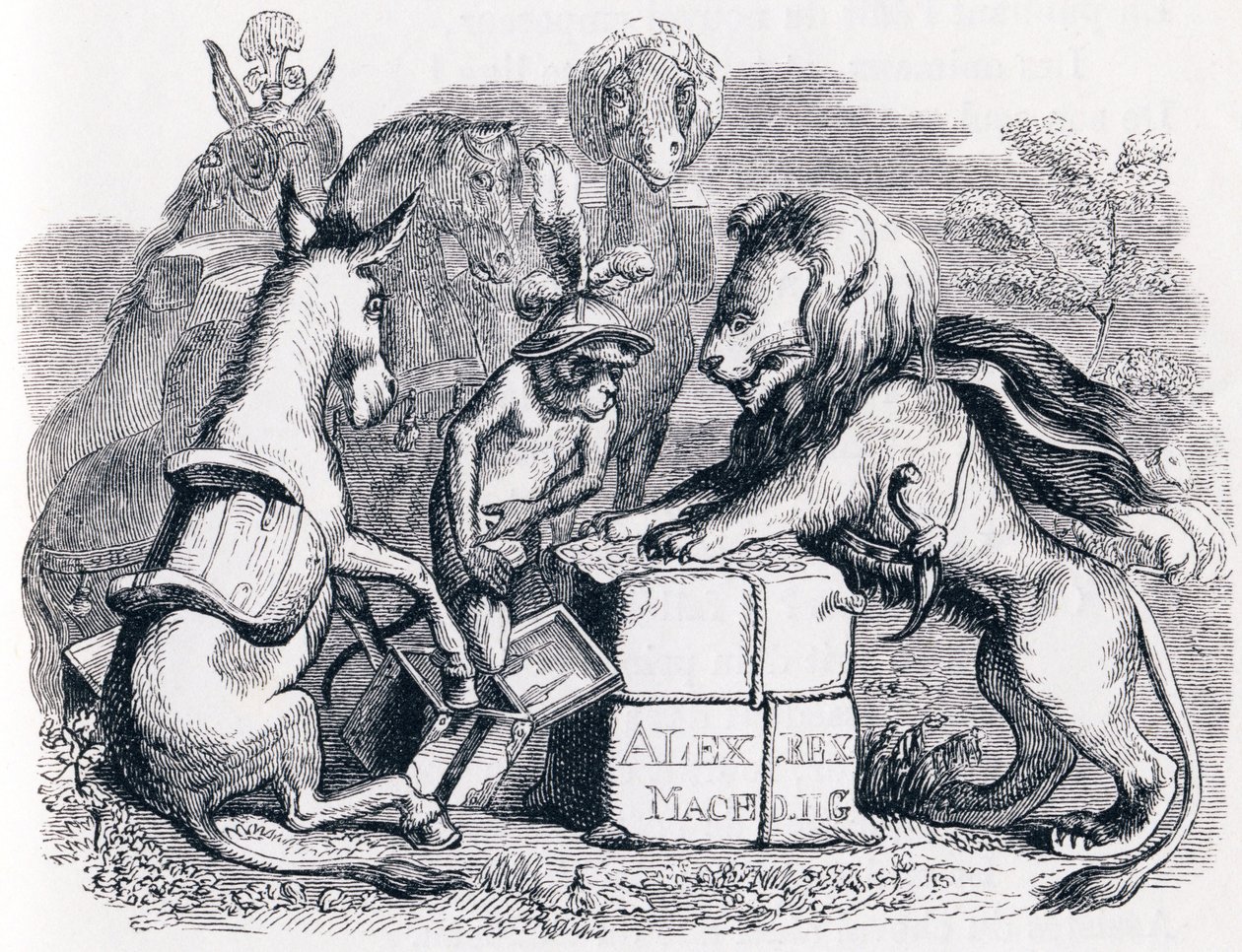 Tribuut gestuurd door de dieren aan Alexander (Tribut envoye par les animaux a Alexandre) - Fabels van La Fontaine door Grandville