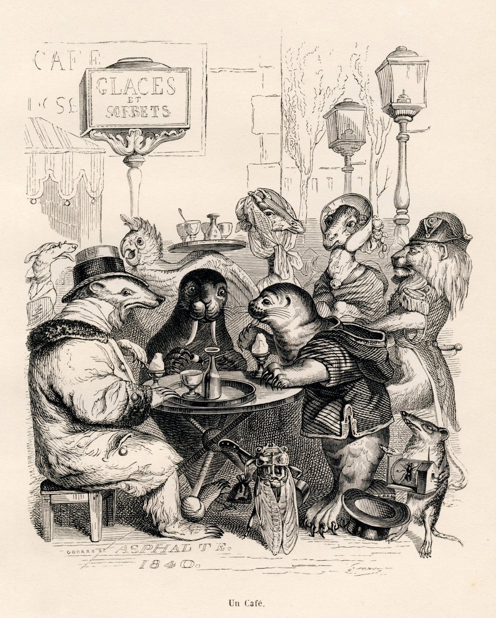 Een café bezocht door dieren van alle soorten. Vignetten geïllustreerd door JJ Granville. Gravure gesigneerd Godard in het deel 