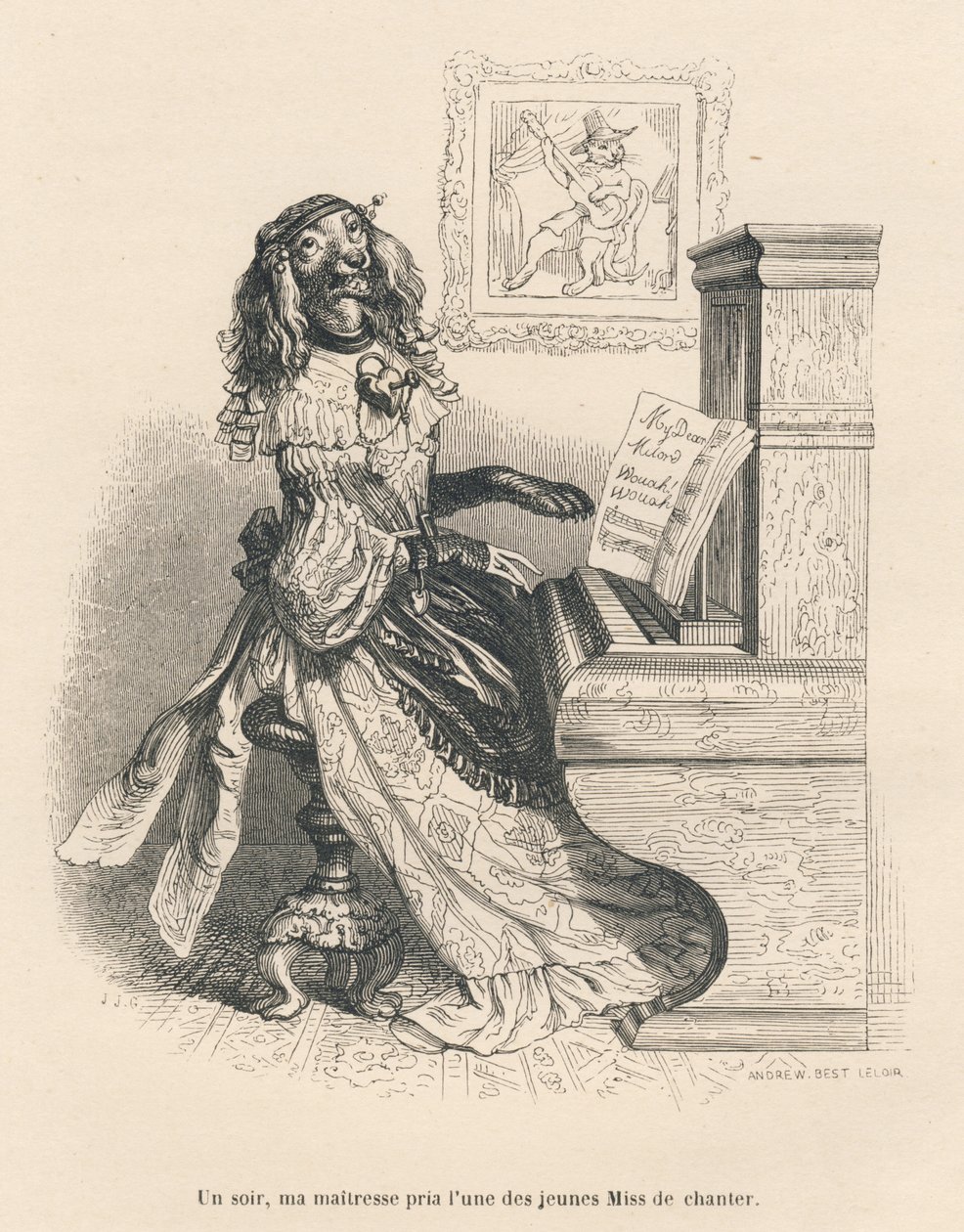 Een hond zingend aan de piano. Geïllustreerde vignetten door JJ Granville. Gravure gesigneerd Andrew, Best en Leloir in het deel "Hofzorgen van een Engelse kat" geschreven door Honore de Balzac in "Scènes uit het privé- en openbare leven van dieren". Parij door Grandville