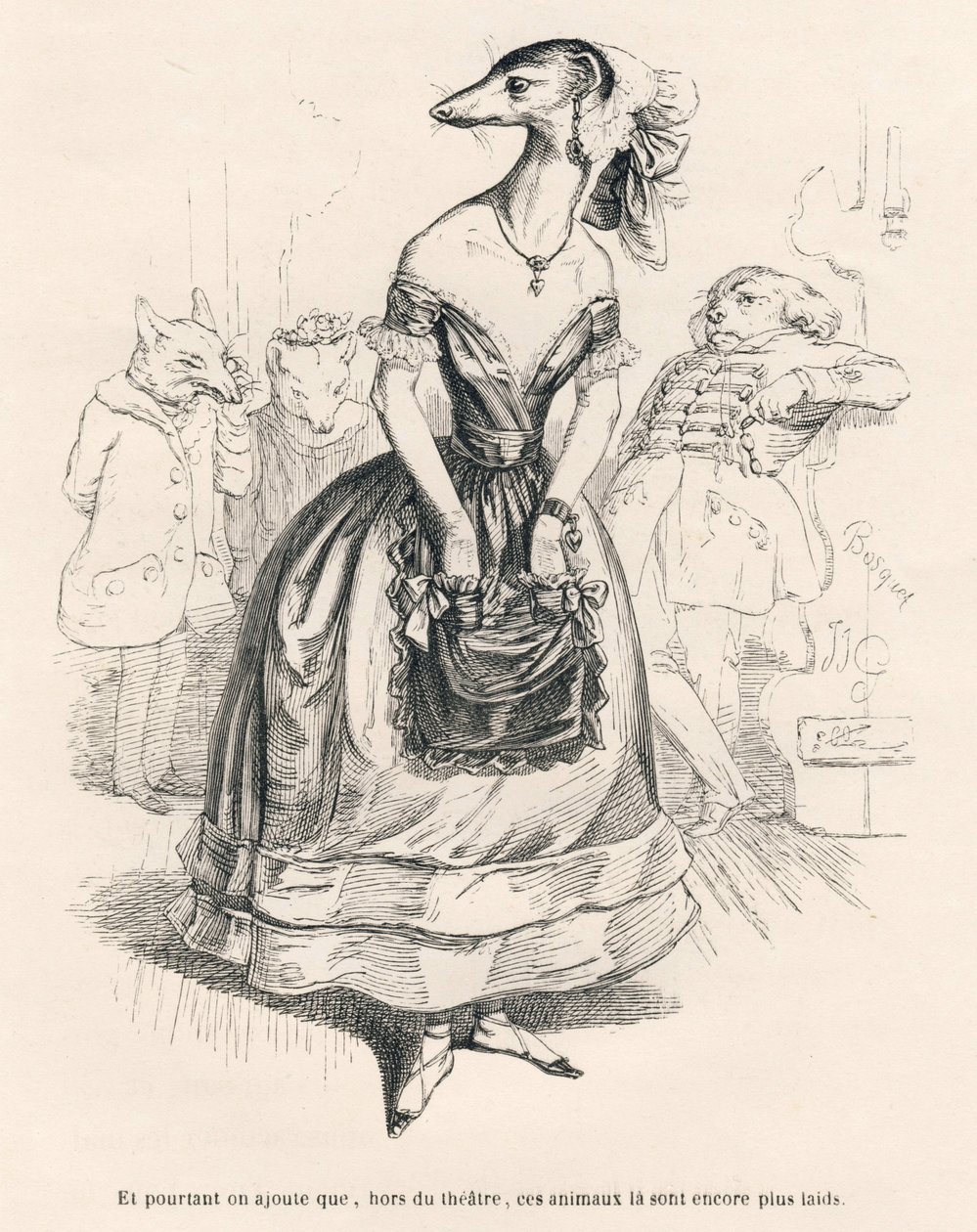 ... buiten het theater zijn deze dieren nog lelijker. Geïllustreerde vignetten door JJ Granville. Gravure gesigneerd Godard in het deel "De eerste feuilleton van Pistolet" geschreven door Jules Janin in "Scènes uit het privé- en openbare leven van dieren" door Grandville