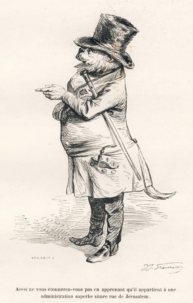 ... het behoort tot een prachtige administratie gelegen aan de rue de Jerusalem. Vignetten geïllustreerd door JJ Granville. Gravure gesigneerd Guilbaut in het deel getiteld "Reis van een leeuw uit Afrika naar Parijs" geschreven door Honoré de Balzac in "Sc door Grandville