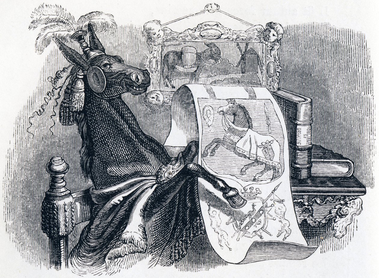 De muilezel die opschept over zijn genealogie - Fabels van La Fontaine door Grandville