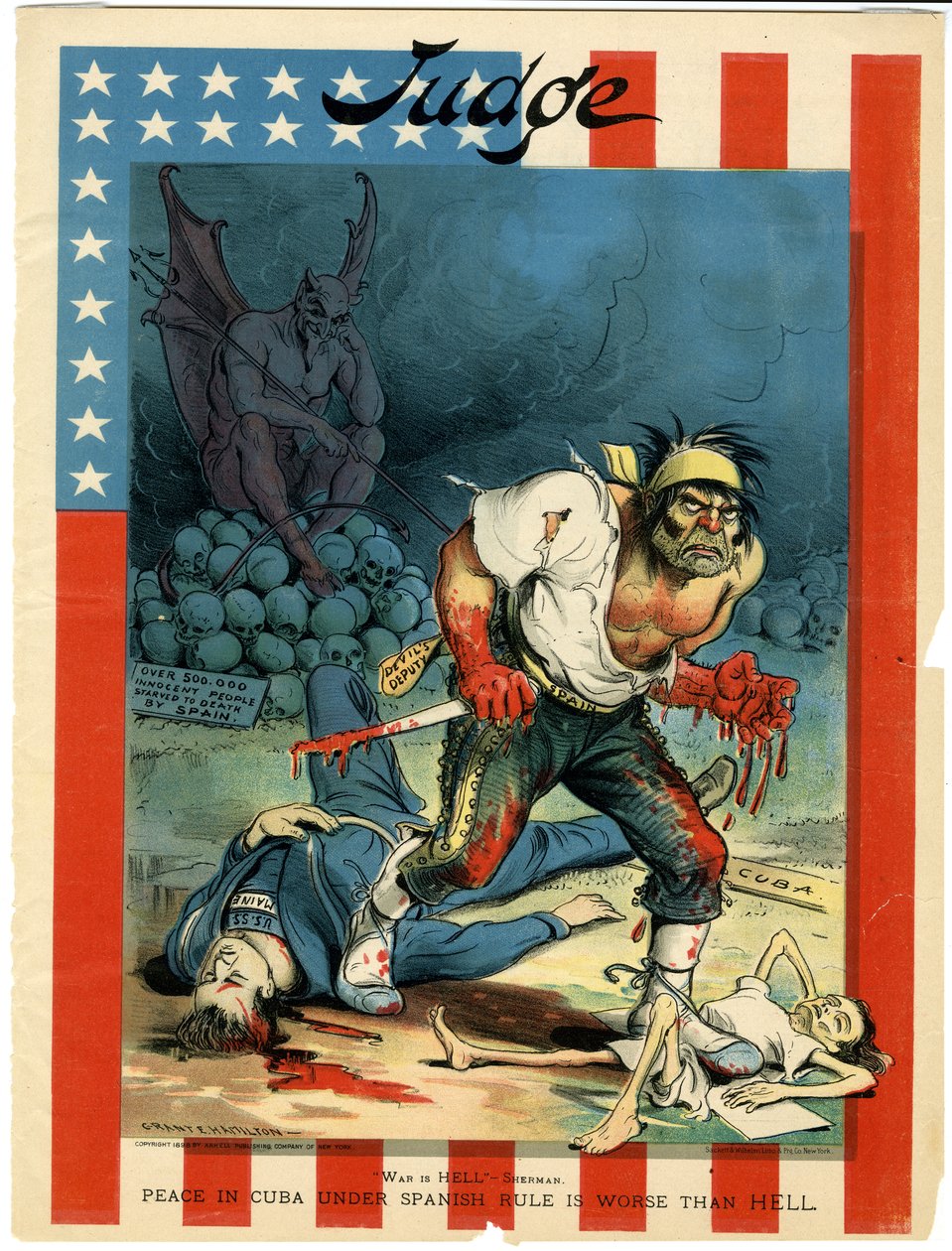 Oorlog is Hel - Sherman, Vrede in Cuba onder Spaanse heerschappij is erger dan de hel, illustratie uit Judge, 30 april 1898 door Grant E. Hamilton