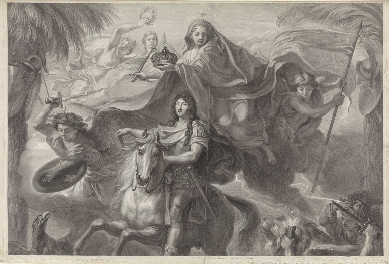 Allegorisch ruiterportret van Lodewijk XIV, koning van Frankrijk door Gérard Edelinck