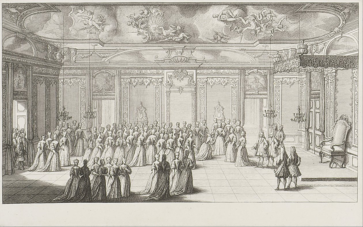 De Audiëntiekamer tijdens de ontvangst van de bruid in het paleis van Dresden op 2 september 1719 door Gerard Jean Baptiste Scotin