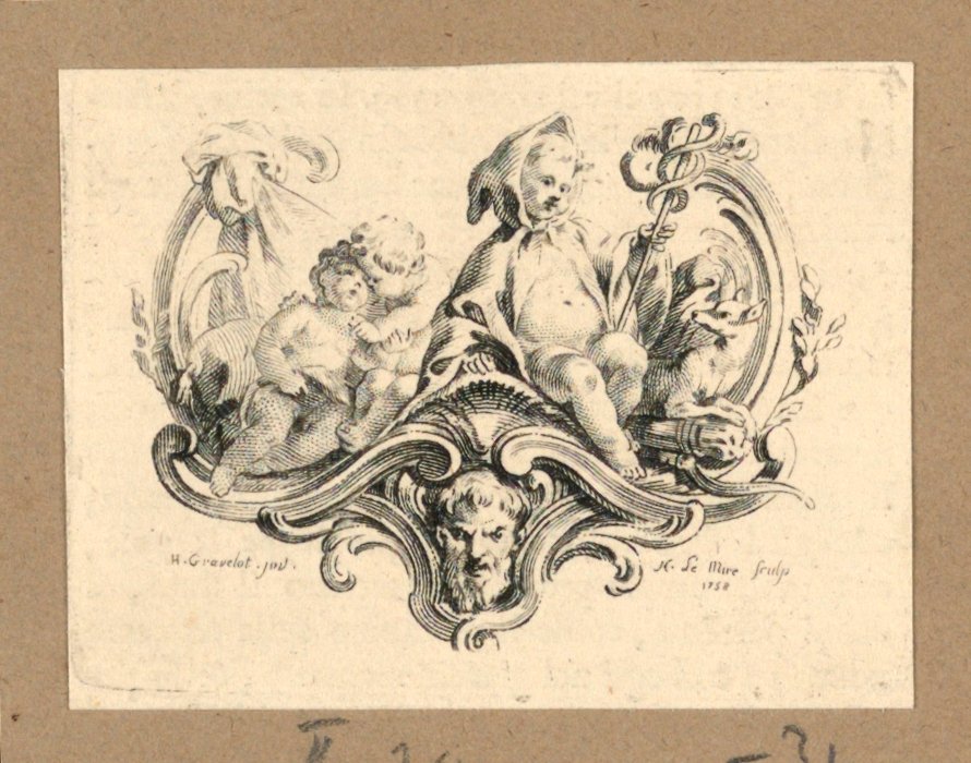 Cupido als monnik met een caduceus door Gravelot