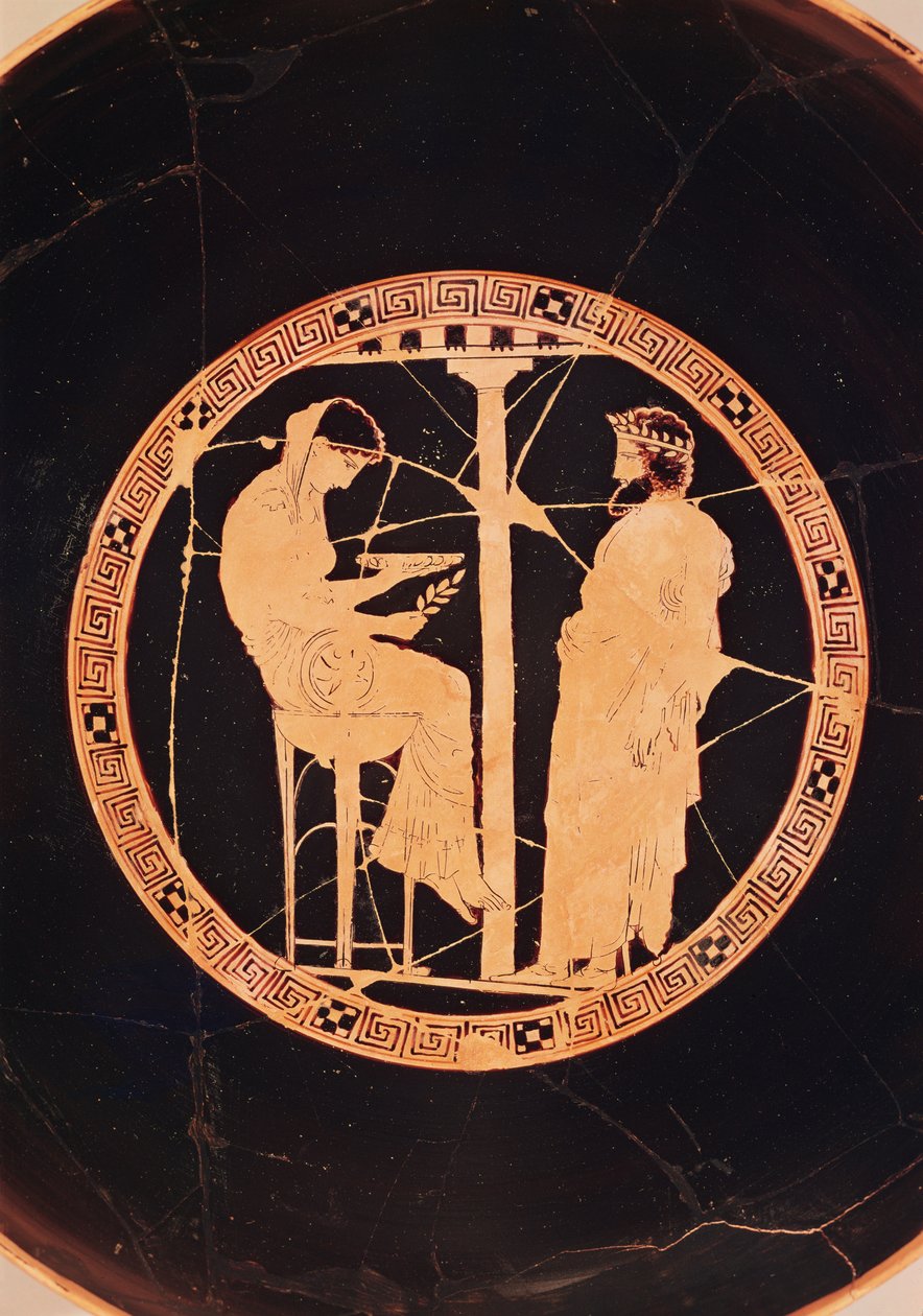 Atheense roodfigurige kylix die Aegeus, Koning van Athene, toont die het Orakel van Delphi raadpleegt door Greek